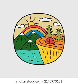flat design of nature camp sea and mountain cliff for badge patch emblem graphic vector art t-shirt design