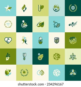 Flat design nature icons for websites, print and promotional materials, web and mobile services and apps, for food and drink, spa, cosmetics, wellness, natural product, healthy life, green technology.