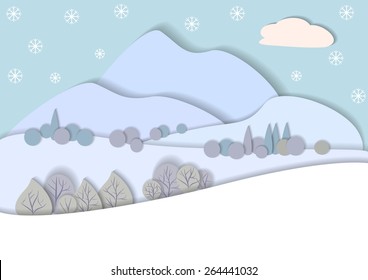 Flat design nature landscape with blue and white mountains, hills, trees and clouds. Snow-covered fields,winter.Illustration with smooth vector shadows. Effect of application,paper cut style