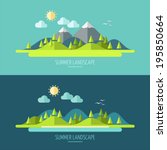 Flat design nature landscape illustration with sun, hills and clouds