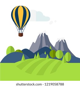 Flat Design Nature Landscape Illustration with Sun, Hills, Mountains and Clouds