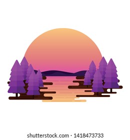 Flat design nature landscape illustration with sun, hills and river
