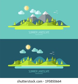 Flat design nature landscape illustration with sun, hills and clouds