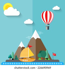 Flat design nature landscape illustration with sun, hills and clouds.