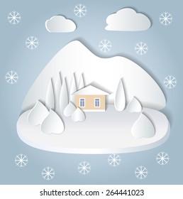 Flat design nature landscape illustration with mountain, glade, trees and clouds. Snow-covered fields and  small house