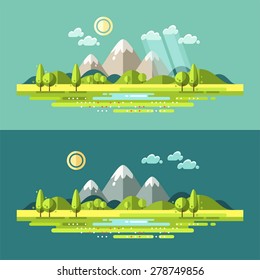 Flat Design Nature Landscape Illustration With Sun, Hills And Clouds.