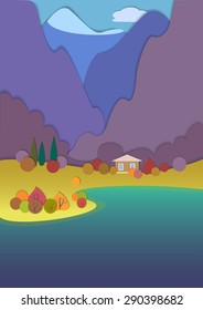 Flat design nature landscape illustration with blue,red and orange mountains, autumn trees and shrubs. View of the mountains near the lake. Autumn