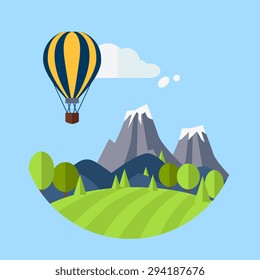 Flat design nature landscape illustration with sun,  hills, mountains and clouds vector