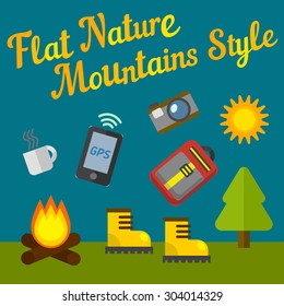 Flat design nature landscape illustration with sun, hills and clouds