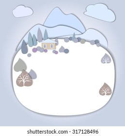  Flat design nature landscape illustration with mountains, hills, trees and clouds.  Illustration with smooth vector shadows. Effect of application.