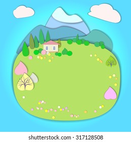 Flat design nature landscape illustration with mountains, hills, trees and clouds.  Illustration with smooth vector shadows. Effect of application. Spring