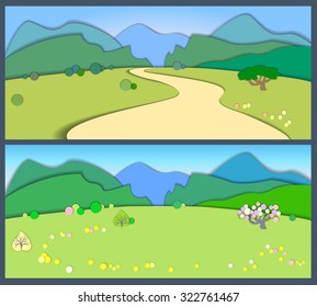 Flat design nature landscape illustration with blue  mountains, hills and trees . Flat style land scenic.Summertime and spring