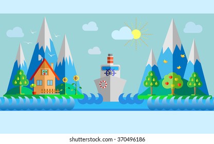 Flat design nature landscape illustration with islands, steamer, hut, seagulls, sun, fruit trees and sea. Vector illustration.