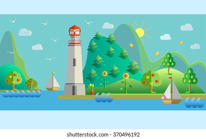 Flat design nature landscape illustration with port, lighthouse, sailing boat, seagulls, sun, fruit trees and sea. Vector illustration.