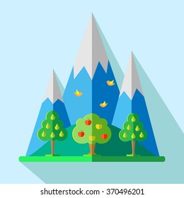 Flat design nature landscape illustration with fruit trees, bird and mountains. Vector illustration.