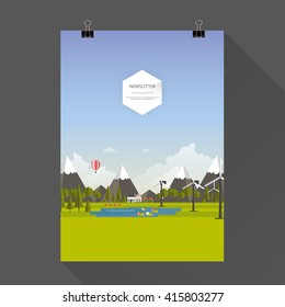 Flat design nature landscape illustration with lake hills and clouds.