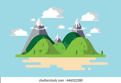 Flat design nature landscape illustration with hills and cloud