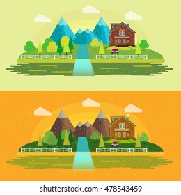 Flat design nature landscape illustration with sun, hills and clouds