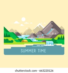 Flat design nature landscape illustration with sun, mountains and clouds. Camping in the mountains.