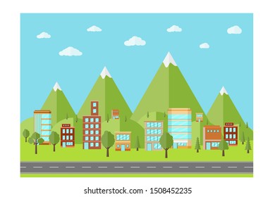 flat design Nature landscape with mountain, trees, road, and building