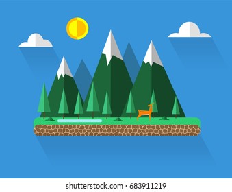 Flat design of nature landscape with sun, hills and clouds.