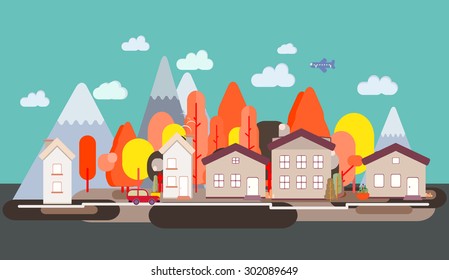 Flat design nature landscape with trees buildings mountains