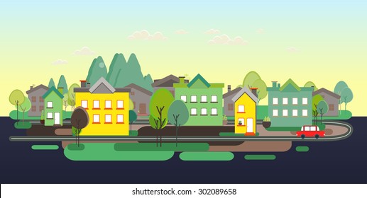 Flat design nature landscape with trees buildings mountains