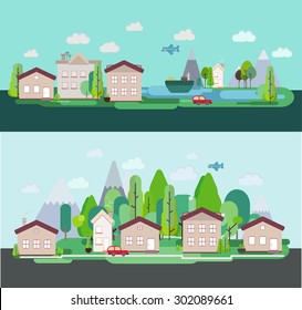 Flat design nature landscape with trees buildings mountains