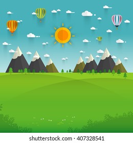 Flat design nature landscape vector illustration with sun, hills,balloon and clouds, background template
