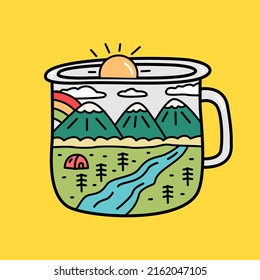 flat design of nature mountain camping and side up sun in cup frame