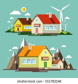 Flat Design Nature Scene with Houses and Wind Mills