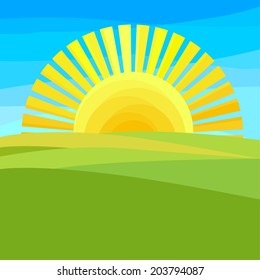 Flat design of nature, sunrise and field.