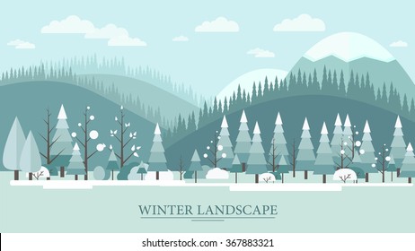 Flat design nature winter landscape illustration with tree hills and clouds.