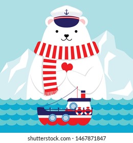Flat design nautical polar bear with boat