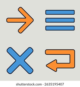 Flat Design Navigation Icons Including Arrow, Menu Bars, Close Symbol, and Return Key in Blue and Orange