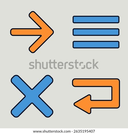 Flat Design Navigation Icons Including Arrow, Menu Bars, Close Symbol, and Return Key in Blue and Orange