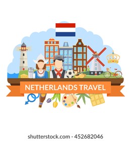 Flat design netherlands travel composition with various dutch symbols traditional costumes cuisine and architecture on white background vector illustration