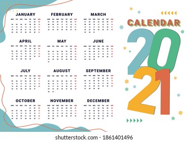 Flat design new year 2021 calendar. Colorful calendar. Vector Eps.10