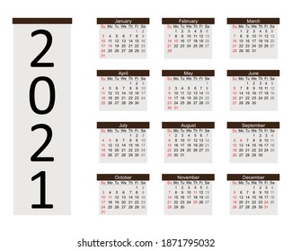 Flat design New Year 2021 Calendar, Set of 12 Months Minimal Wall Calendar Template, Editable Monthly Wall Calendar 2021, Professional 2021 calendar abstract design template Free Vector illustration.