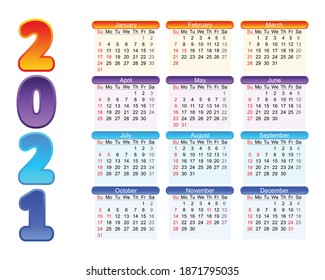 Flat design New Year 2021 Calendar, Set of 12 Months Minimal Wall Calendar Template, Editable Monthly Wall Calendar 2021, Professional 2021 calendar abstract design template Free Vector illustration.