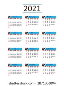 Diseño plano Calendario de Año Nuevo 2021, conjunto de plantillas de calendario mínimo de pared de 12 meses, calendario mensual editable de pared 2021, plantilla de diseño abstracto de calendario profesional 2021, ilustración de vector libre.