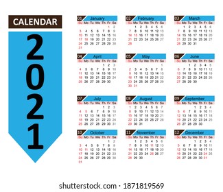 Flat design New Year 2021 Calendar, Set of 12 Months Minimal Wall Calendar Template, Editable Monthly Wall Calendar 2021, Professional 2021 calendar abstract design template Free Vector illustration.