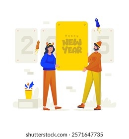 Flat design of New Year celebration, Happy couple preparing for new year, Vector illustration