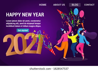 Flat design new year landing page template with balloon and ribbon background. Vector Illustration