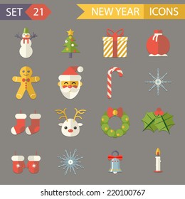 Flat Design New Year Symbols Christmas Accessories Icons Set Greeting Card Elements  Trendy Modern Template Vector Illustration