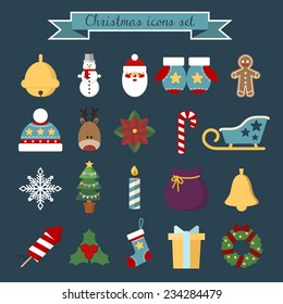 Flat Design New Year Symbols, christmas Accessories Icons Set. Greeting Card Elements. Trendy Modern Template Vector Illustration
