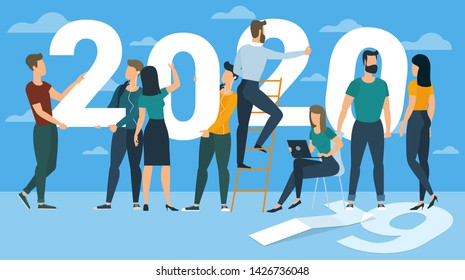 Flat Design New Year Vector Concept. Preparing To Meet 2020 New Year. Business People Building The Numbers 2020. Company Team Are Preparing To Meet The New Year Over Clear Blue Sky Background.