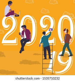 Flat design New Year vector concept. Preparing to meet 2020 new year. Business people building the numbers 2020. Company team are preparing to meet the new year over clear sky background.