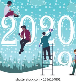 Flat design New Year vector concept. Preparing to meet 2020 new year. Business people building the numbers 2020. editable text