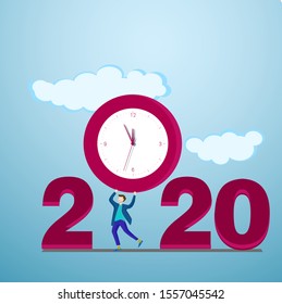 Flat design New Year vector concept. Preparing to meet 2020 new year. Business people building the numbers 2020. 

